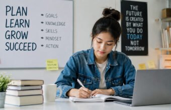 Seorang Gen Z sedang belajar menggunakan laptop sambil membuat catatan sebagai ilustrasi tips mengembangkan diri untuk meraih masa depan gemilang di era digital. (Foto: ilustrasi/AI)
