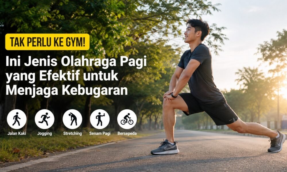 Tak Perlu ke Gym! Ini Jenis Olahraga Pagi yang Efektif untuk Menjaga Kebugaran Seorang pria melakukan gerakan peregangan (stretching) di jalan taman saat pagi hari dengan latar pepohonan hijau dan sinar matahari yang hangat. (Foto: Ilustrasi/AI)